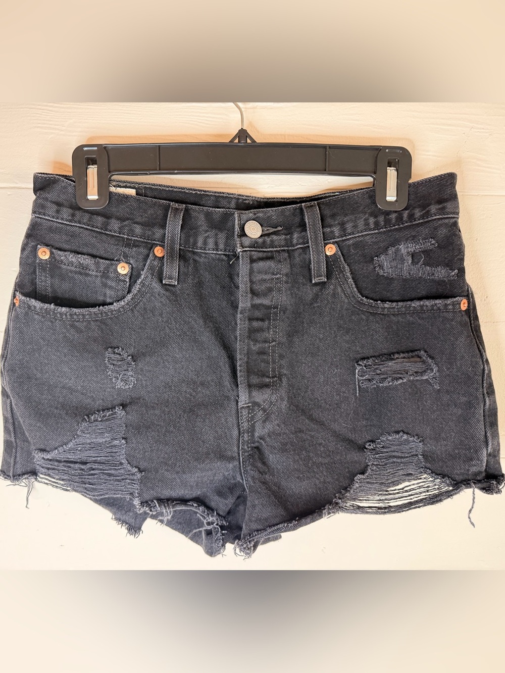 Levis 501 Denim Jean Shorts Womens 28 Black Button Fly Distressed Destroyed